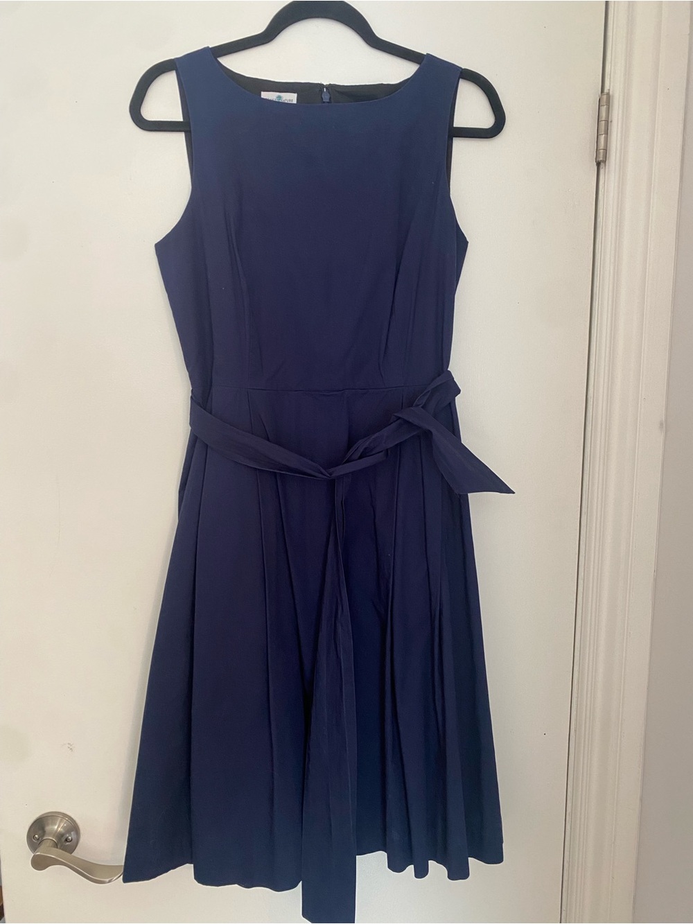 L.L. Bean Navy Sleeveless Fit-and-Flare Dress with Waist Sash